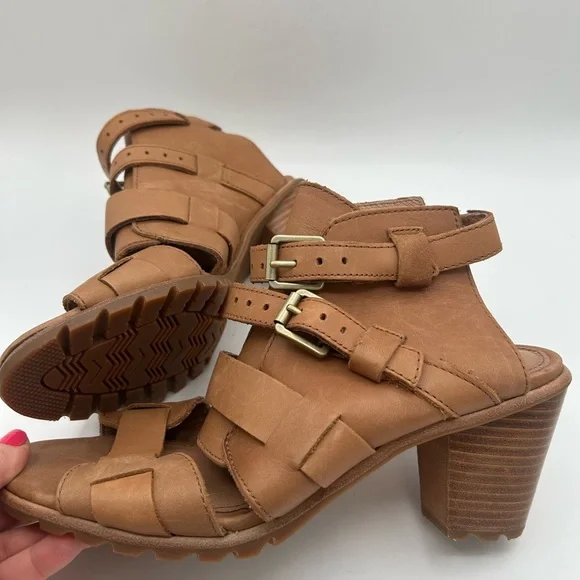 NEW Sorel Nadia Buckle Heel Sandal Camel Brown Leather Boho Chunky Size 8.5 - Picture 7 of 13